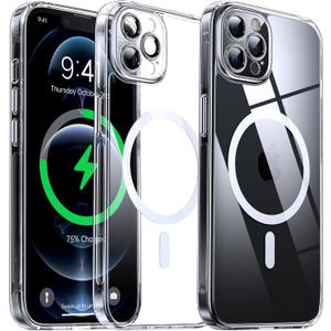 2 x Magnetic Hybrid Clear Case for iPhone 12 Pro Max - [Compatible with MagSafe] [Built-in Camera Protector] [Not Yellowing] Hard Transparent Back Silicone Edge Phone Case Cover, 6.7", Clear