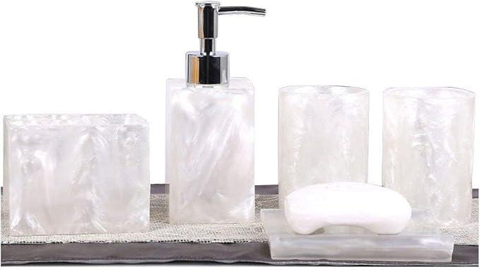 Resin Soap Dish, Soap Dispenser, Toothbrush Holder & Tumbler Bathroom Accessory 5 Piece Set (White)