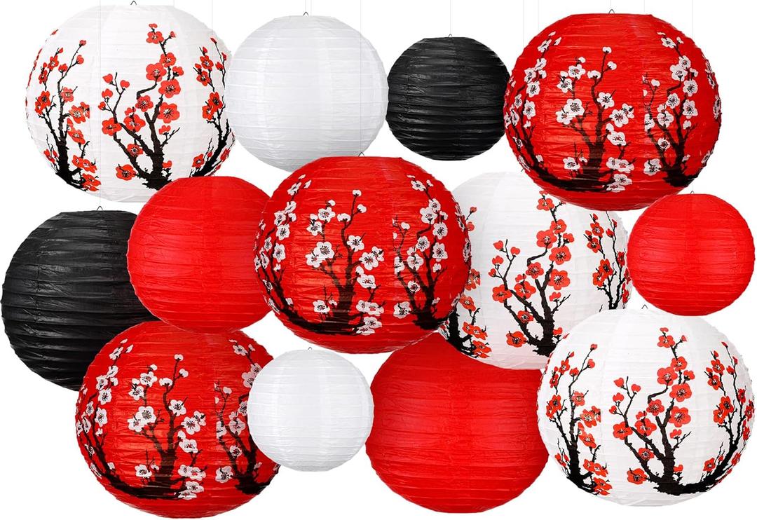 13 Pcs Chinese Japanese Paper Lantern Red Cherry Blossom Decorative Hanging Lantern Hibachi Party Decorations for Chinese New Year Home Restaurant Wedding Decor(Dark Color)