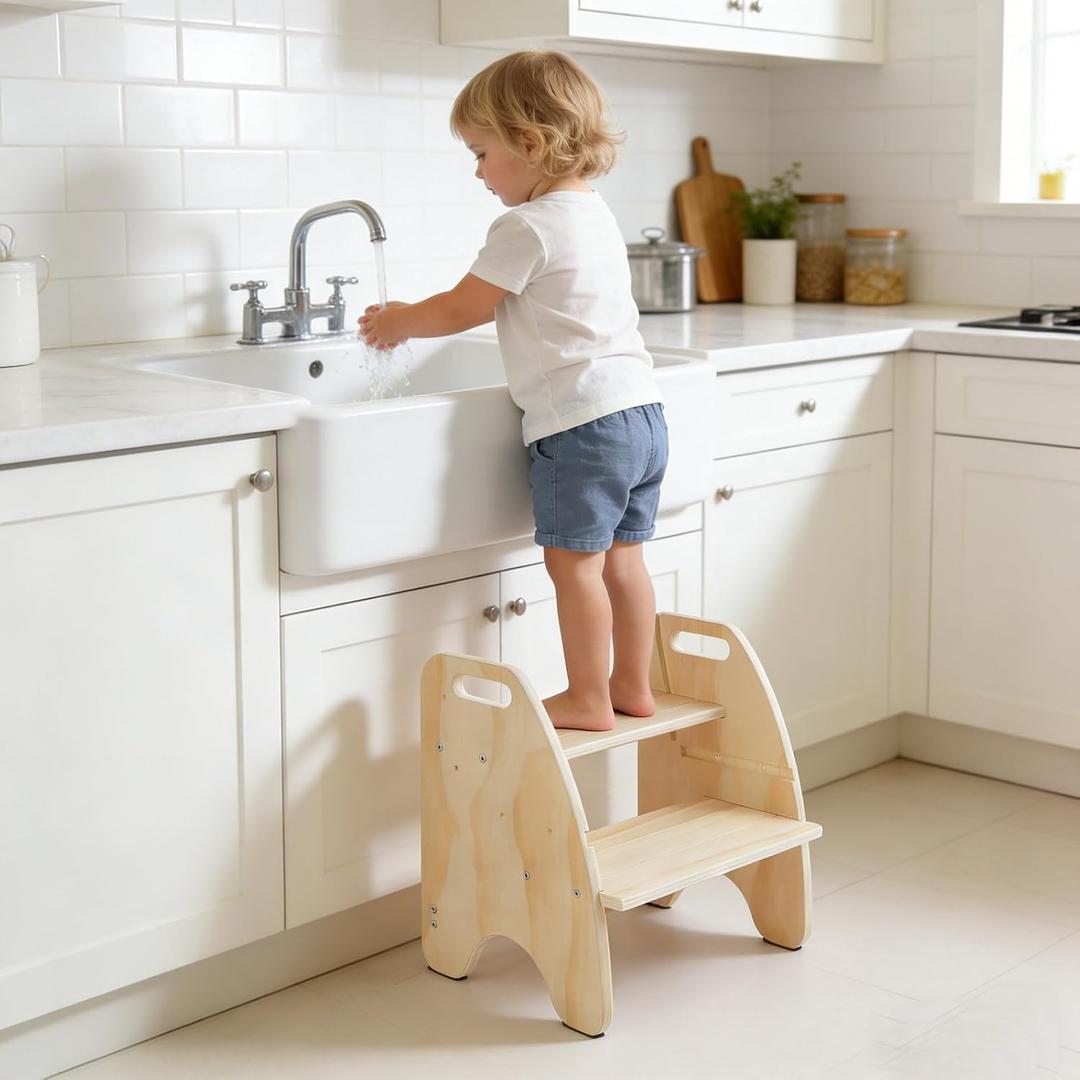 comfoyar Wooden Toddler Step Stool, 2 Step Stool for Kids with Handles and Anti Slip Pad, Convertible Back Chair, Height Adjustable Potty Training Helper Stool for Bathroom Sink, Bedroom