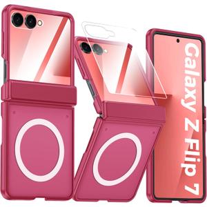 Vizvera for Samsung Galaxy Z Flip 7 Case with Magnetic Power [Slim Design][Screen Protector][Hinge Protection] Translucent Matte Shockproof Protective Phone Case for Galaxy Z Flip 7(Magnetic Coral)