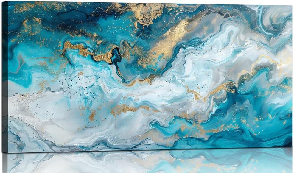 Abstract Wall Art Decor Teal Blue Marble Canvas Pictures for Wall Modern Abstract Watercolor Ink Lines Painting for Living Room Contemporary Abstract Art Print for Bedroom Home Office Decorations(20" x 40")