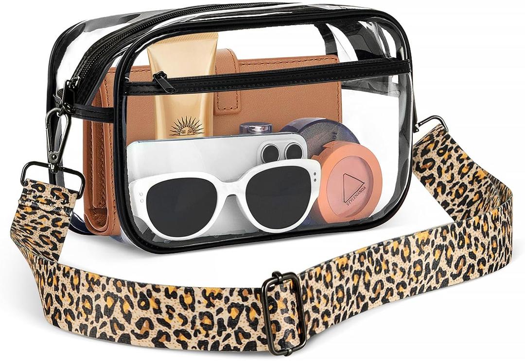 Clear Bag For Stadium Events, Clear Purse Stadium Crossbody Bag (Black-leopardprint Strap)