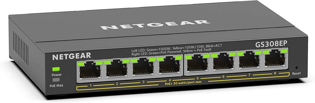 NETGEAR 8 Port PoE Gigabit Ethernet Easy Smart Managed Essentials Switch (GS308EP) - with 8 x PoE+ @ 62W, Desktop or Wall Mount (Plus)