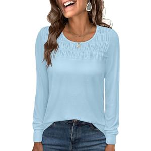 ANRABESS Women Shirts Long Sleeve Crewneck Smocked Tunic Tops with Leggings Dressy Casual T-Shirt Business Work Blouses (Blue, L)