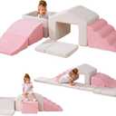 Climbing Toys for Toddlers, Foam Climbing Blocks with Ball Pit, Soft Play Climb and Crawl Activity Playset, Crawling & Sliding Play Set for Toddlers, High-Density Foam Blocks Indoor (Beige & Pink)