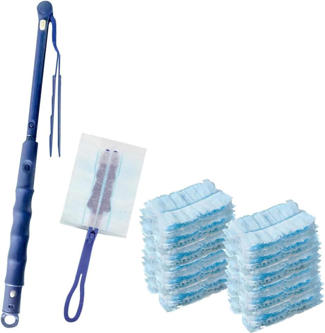 KMAKII Disposable Duster Refills, Compatible with S wiffer,Heavy Duty Electrostatic Blue Duster Heads, Ideal for Home Cleaning, Furniture, 1 Short Handle and 20 Refills