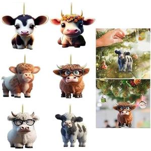 Cartoon Cow Decorative Hanging Ornaments for Christmas Tree,Cute Cartoon 2D Acrylic Highland Cow Pendants Christmas Tree Decorations(12 pcs)