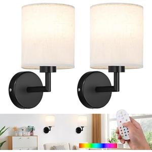 XIGUCUCN Wireless Wall Sconce Set of 2,Battery Operated Wall Lights with Remote Control,Rechargeable Wall Sconces with LED Bulb,15 Colours Dimmable Wall Lamp for Bedroom Living Room Hallway