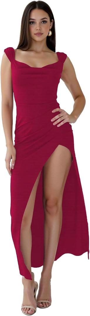 Womens Cowl Neck High Slit Backless Bodycon Dresses Sleeveless Bow Tie Slim Fit Club Party Maxi Dresses (Red, M)