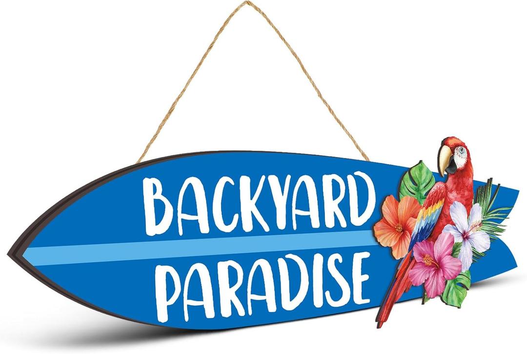Wooden Backyard Paradise Sign Surfboard Wall Hanging Sign Wooden Hanging Decorative Art for Yard Garage Bar Tiki Wall Home Party Summer Decor Gift, 5 x 16 Inches