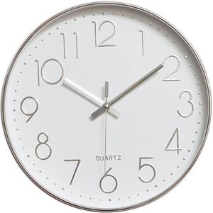 Jomparis Modern 12" Battery Operated Non-Ticking Silent Sweep Movement Wall Clock Decorative for Office, Kitchen, Living Room, Bedroom, Bathroom Silver Plastic Frame