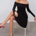 HYPERFIRE Women's Off The Shoulder Long Sleeve Short Dress A Line Pleated Mini Party Dresses (Black, S)