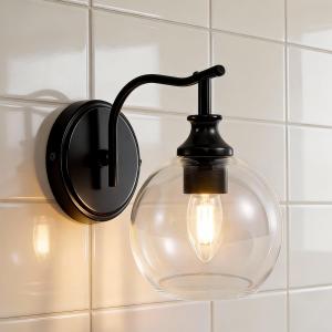 ANDY STAR 1-Light Bathroom Light Fixtures, Black Wall Sconces, Bathroom Vanity Light with Clear Glass Shade, Modern Wall Light Fixtures for Bath Mirror Hallway Bedroom Living Room, Hardwired, E26 Base