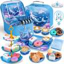 iAOVUEBY Tea Party Set for Little Girls, 49PCS Princess Tea Time Toys Including Teaset Dessert Carrying Case, Kids Pretend Play Kitchen Toys, Toddler Girl Birthday Gifts for 3-8 Year Old, Sea