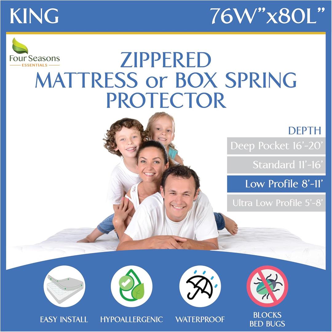 King Zippered Mattress Protector (8"-11" Depth) Waterproof Encasement Premium Quality Hypoallergenic Bed Cover Protects from Dust White