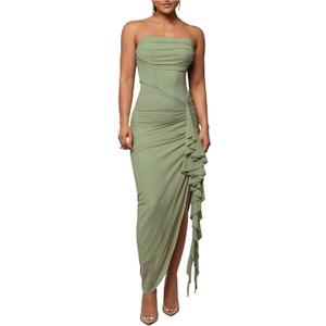 Floerns Women's Ruffle Trim Ruched Slit Strapless Dress Sleeveless Bodycon Maxi Dresses Green Medium