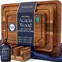 Pre-Oiled, Non Toxic 3-Piece Acacia Cutting Board Set with Stand, FSC Certified Wooden Chopping Boards, Includes 3.4 fl oz Chopping Board Oil, 3 Wood Carving Boards for Home, BBQ Kitchen, Deer & Oak