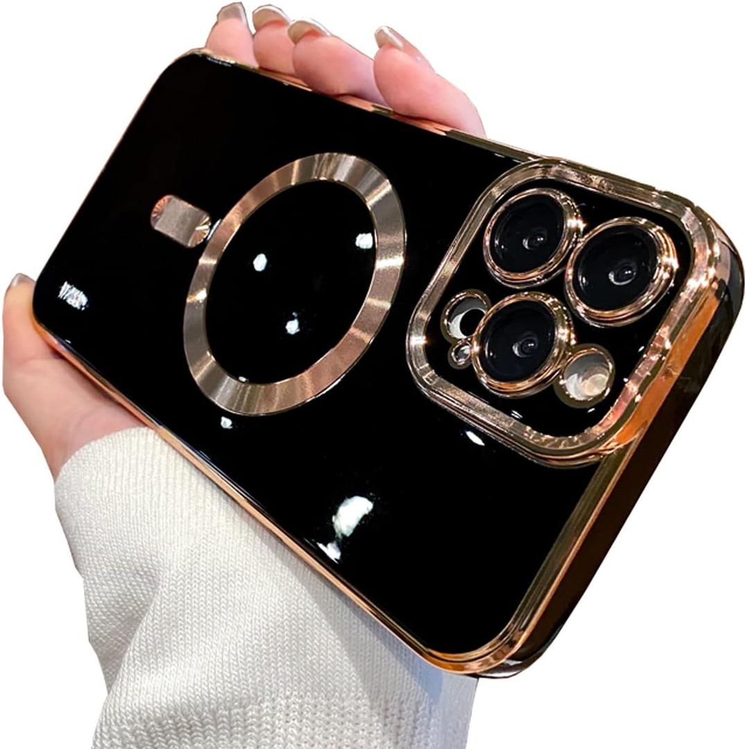 Case Compatible with iPhone 13 Pro Max Case Compatible with MagSafe Camera Protector Plating Gold Edge Soft TPU Shockproof Case for iPhone 13 Pro Max Case (6.7 Inch) (Black)