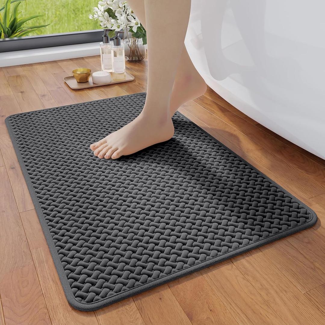 Bathroom Rugs Non Slip, Super Absorbent Quick Dry Bath Mats for Bathroom, Foam Weave Texture Thin Bath Rugs Washable with Rubber Backing Fit Under Door Outside Shower,16" x 24 (Grey)