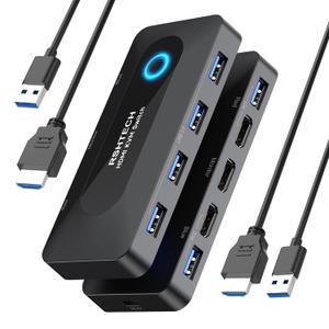KVM Switch, RSHTECH USB Switch with 4K@60Hz HDMI and 4 USB 3.0 Ports, HDMI KVM Switch for 2 Computers Share Keyboard Mouse Printer and one HD Monitor with 2 USB Cables and 2 HDMI Cables, Black (2 IN 5 Out HDMI Switch)