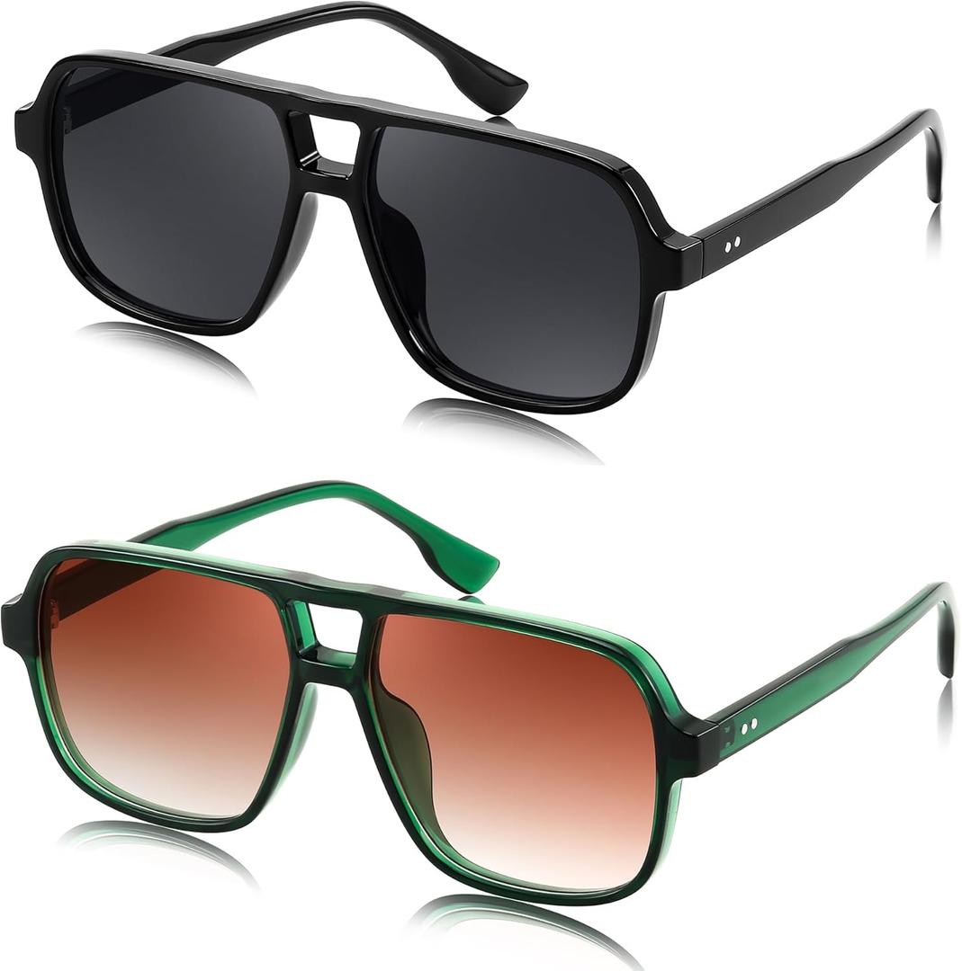 FEISEDY Retro Square Aviator Sunglasses Women Men 70s Vintage Trendy Plastic Frame Sun Glasses B4158 (Black & Green)