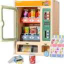 TOPBRIGHT Wooden Vending Machine Play Set for Preschoolers 3+, Kids Pretend Play Toy for Boys and Girls with Snack Bars, Drink Cans & Coins