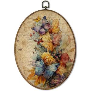 AEHIE Vintage Fall Butterfly Oval Wall Art Decor, Autumn Colorful Butterfly Floral Canvas Artwork Framed, Retro Rustic Oval Wall Art for Home Bedroom Living Room Decor, 11x8.5 Inches