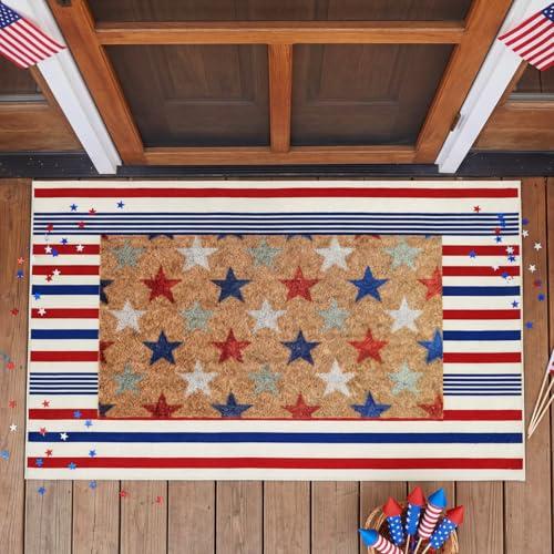Moucuny 2 Pcs 4th of July Patriotic Coir Door Mat 24'' x 35'' Red Blue White Patriotic Outdoor Rug 16'' x 28'' Star Coir Doormat Non Slip Independence Day Welcome Doormat for Outside Porch Front Decor