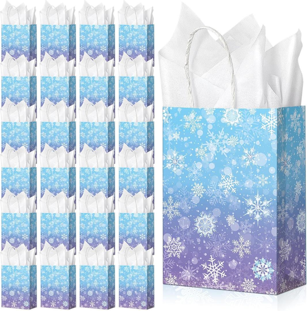 24 Pcs Winter Snowflake Gift Bags, Blue and Purple Snowflake Goodie Bags Bulk with 24 Tissue Paper, Holiday Kraft Paper Party Favor Bags with Handles for Birthday Christmas Winter Wonderland