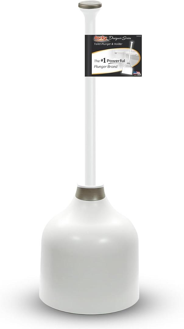 Korky White Toilet Plunger and Holder – Heavy Duty Compact Design – Fast Clog Removal – Easy to Clean - Made in USA