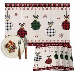 Christmas Placemat Xmas Ball Buffalo Plaid Place Mats for Dining Room Dinner Table Snowflake Washable Table Mats Kitchen Decorations Set of 6