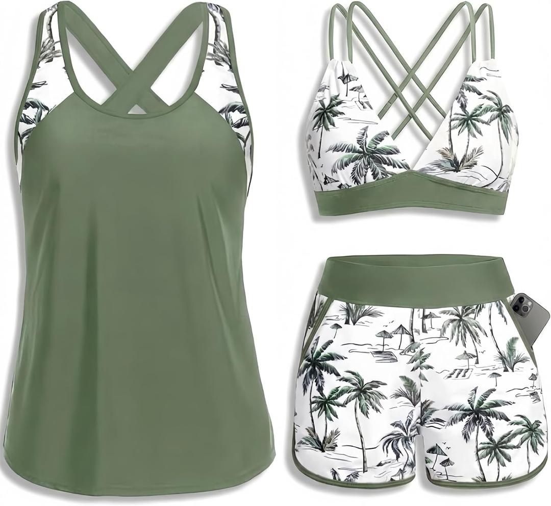 Daci Women 3 Piece Tankini Swimsuits - Tummy Control Tank Top with Bra Modest Bathing Suit with Pockets Boyshorts Bottom 2026 (Green, M)