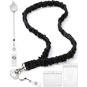 Stretchy Scrunchie Lanyard for Teacher ID Badges Keys with Retractable Badge Reel Clip Horizontal Vertical Waterproof ID Card Holders Set Cute Black Neck Lanyard for Women Nurse Cruise Ship