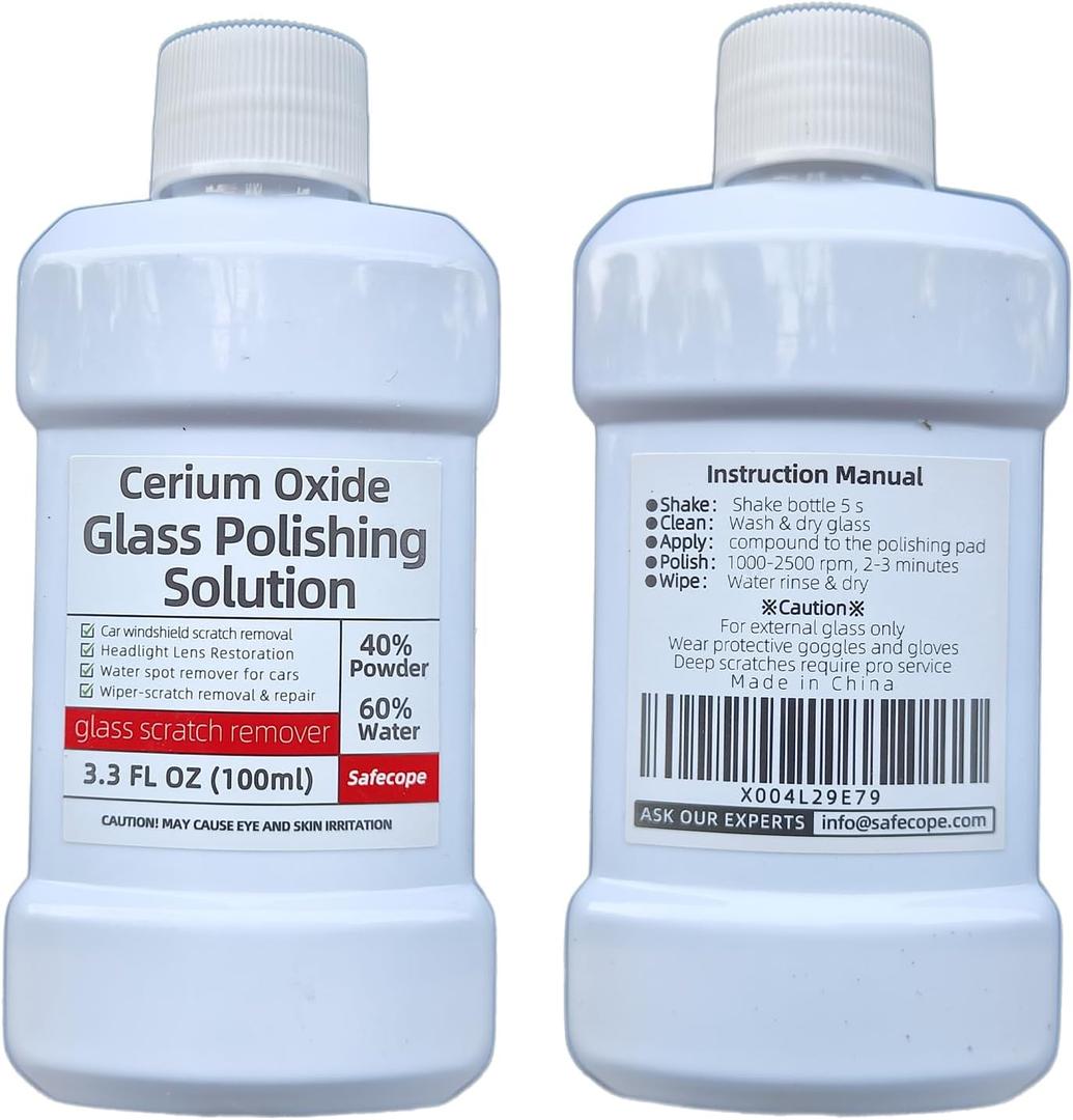 3.3oz (100ml) Cerium Oxide Glass Polishing Liquid  Deep Cleaning & Removes Wiper Marks, Swirls, Water Spots & Windshield Cleaner & Remover for Minor Glass Scratches Shake Well Before use