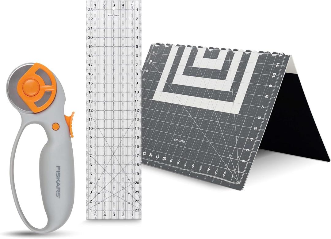 Fiskars Loop Set, Rotary Cutter with 45mm Steel Blade, Sewing Ruler for Precise Measures, Folding Cutting Mat for All Fabric Cutting Needs, Grey