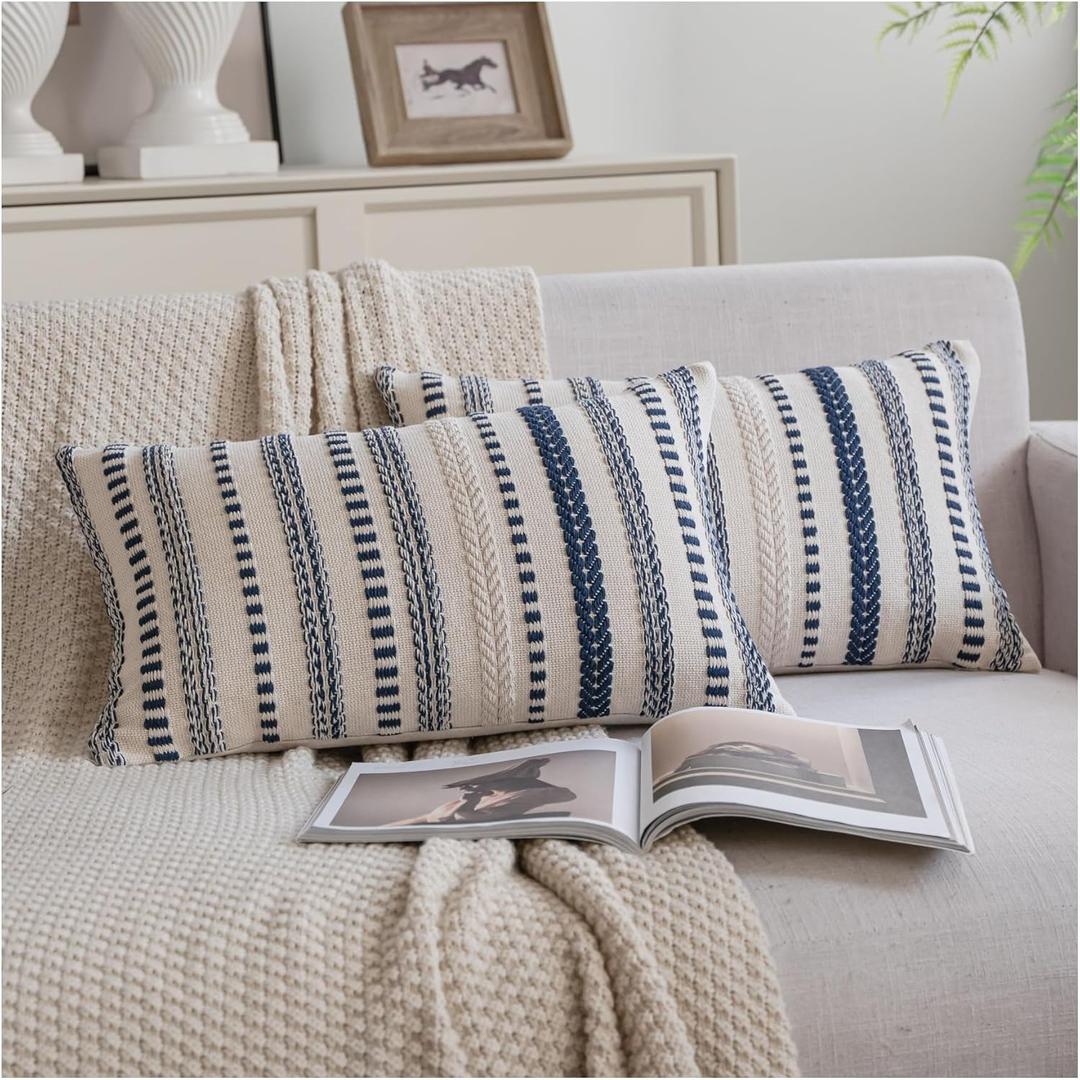 Cethom Navy Blue Boho Lumbar Throw Pillow Covers 12x20 Inch Set of 2, Stripe Textured Decorative Couch Pillow Cases for Bed, Sofa, Living Room, Bedroom, Farmhouse Home Accent Cushion Covers