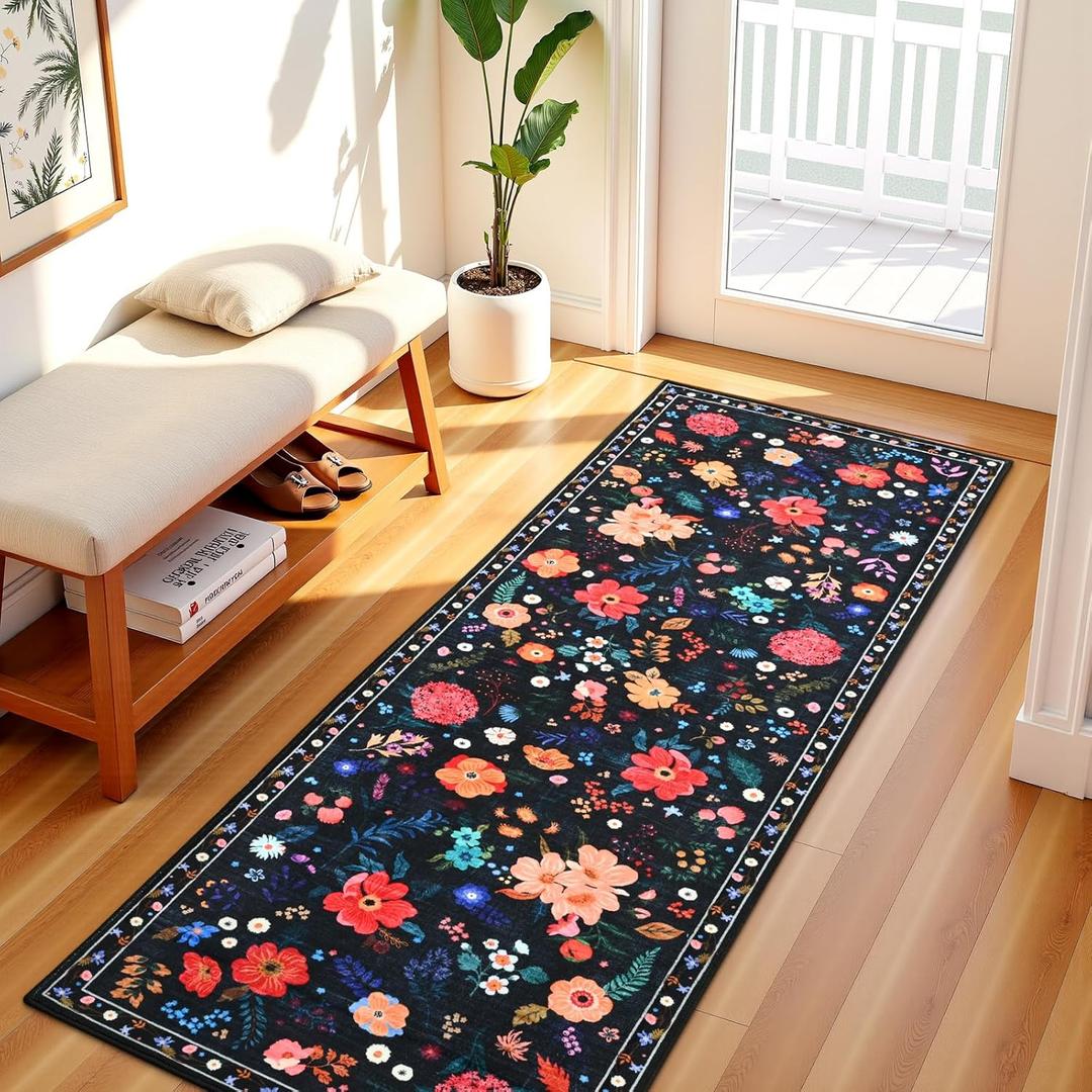 Terrug Floral Entryway Runner Rug 2x6, Washable Black Boho Rug for Hallways Non-Slip, Soft Stain Resistant Vintage Carpet Runner Rugs for Kitchen Bedroom Doorway Bathroom