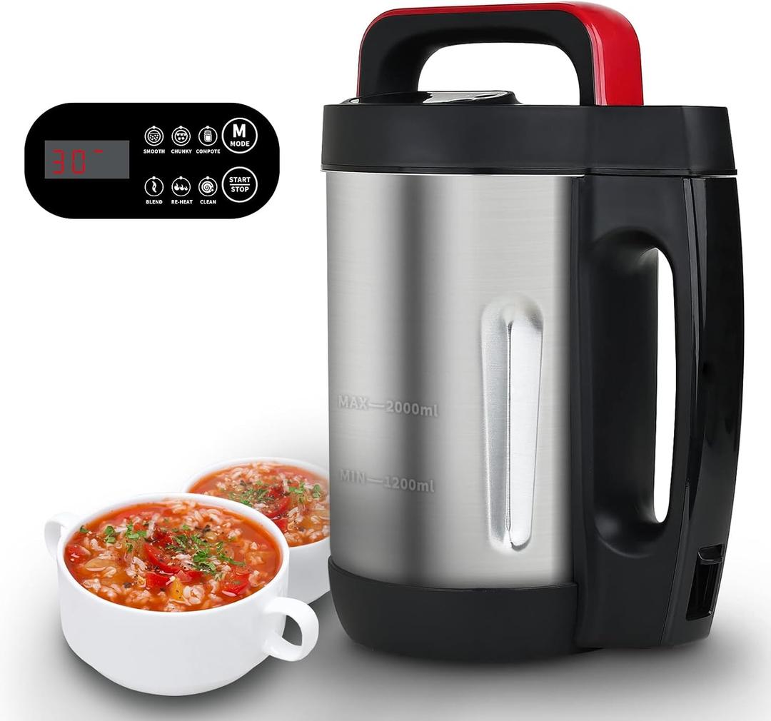 2L Soup Maker, Makes 2-6 Servings, LCD Touch Control Panel, Stainless Steel Blender & Heater, 800W for Soups, Smoothies, Sauces Smart Kitchen Appliance for Homemade Soup