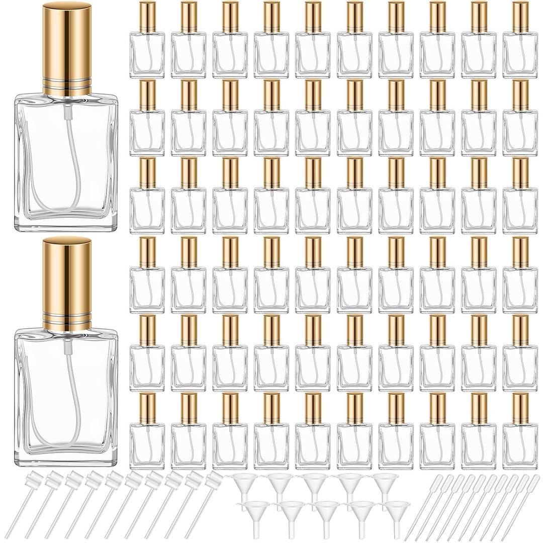 Domensi 60 Pcs 10/15/30/50 ml Glass Perfume Bottles Mini Glass Empty Spray Atomizer Bottles Bulk Refillable Perfume Dispenser Container with Pump Tool for Travel Skin Care (30 ml,Gold)