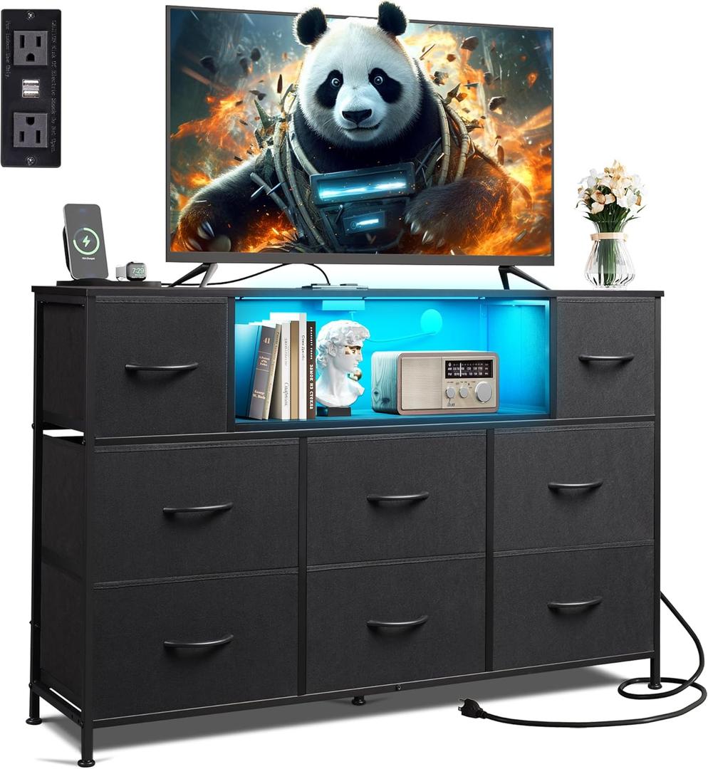 WLIVE Black Dresser for Bedroom, TV Stand for Bedroom for 50, 55 inch TV with Charging Station and LED Lights, Fabric Chest of Drawers with Open Shelves, 8 Drawer Dressers for Living Room, Closet