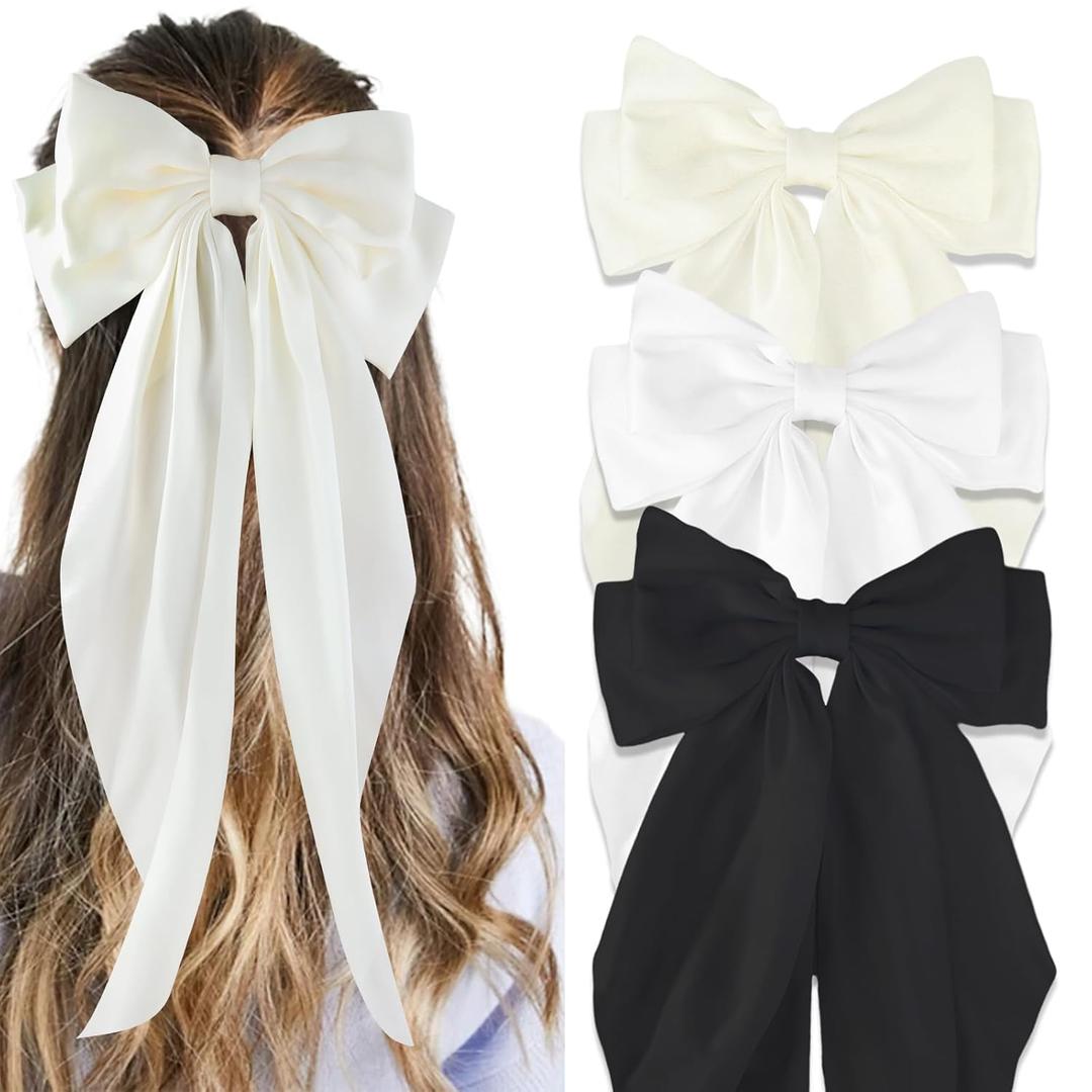 Canitor Hair Bows for Women Silky Satin Hair Ribbon Hair Barrettes Clip Oversized Long Tail Black White Hair Bows Cute Aesthetic Coquette Hair Accessories Preppy Teen Girl Gifts Trendy Stuff Things