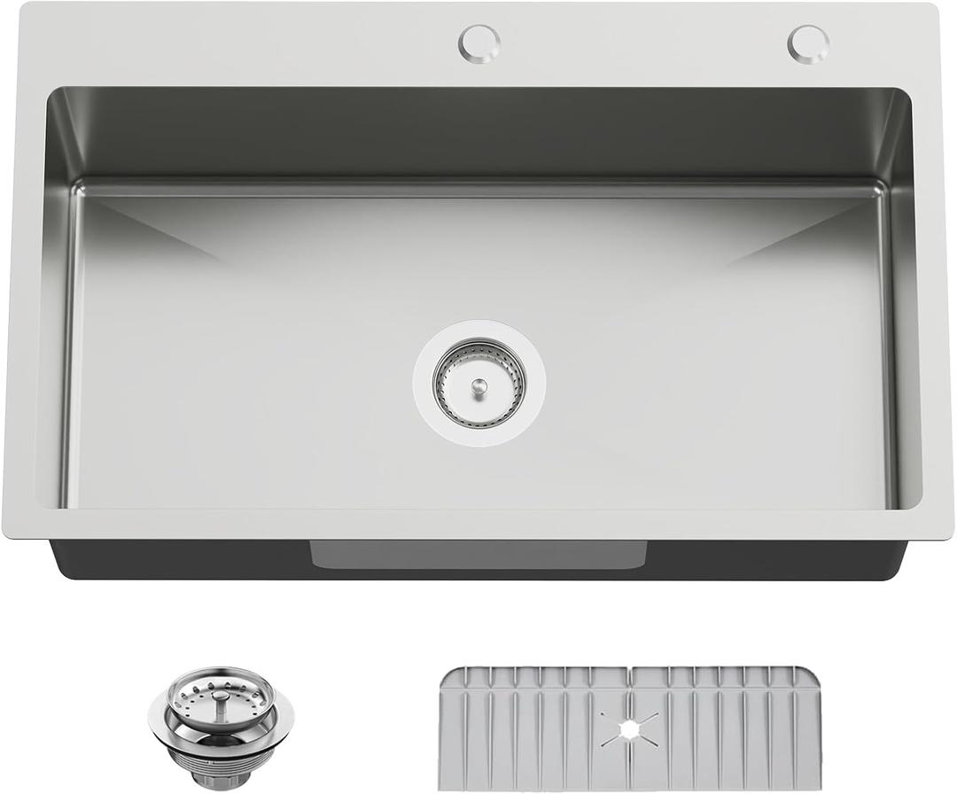 30x18 In Drop Inch Kitchen Sink-Stainless Steel Topmount Modern Single Bowl Kitchen Sink Come With Silicon Mat, Drain Strainer Set Offer Large Basin And Compatibility With Various Kitchen&Bar Style, 30X18X9 Inches