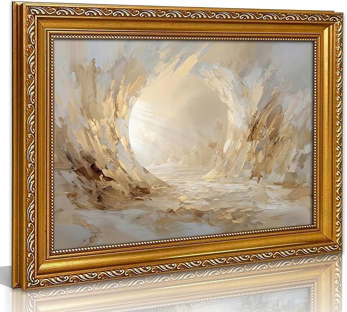 Vitage Gold Framed Jesus Resurrected Canvas Wall Art Jesus Leaves the Tomb Painting Pictures Wall Decor Christian Resurrected Posters Prints Artwork for Church Home Bedroom living room
