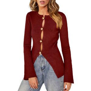 Womens 2026 Spring Slim Fitted Sweater Golden Button Split Tops Trendy Long Sleeve Open Front Knit Cardigan, Large