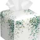 Watercolor Greenery Eucalyptus Leaves Tissue Box Cover Square Leather Tissue Holder Waterproof Facial Paper Organizer Dispenser Cube Paper Cover Case for Home Office Bathroom Vanity Countertop