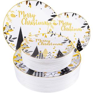 WDF 50 Pieces Christmas Plates Plastic - Black and Gold Plates with Christmas Tree include 25 Dinner Plates, 25 Salad Plates-Heavy weight Gold Disposable Plates for Christmas