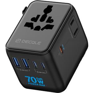 Universal Travel Adapter, International Travel Plug Adapter with 3 USB-C  2 USB-A Ports 70W, All in One Portable Socket, for USA, UK, EU, AU  224+ Countries (Black)