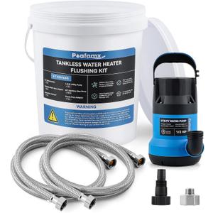 Poafamx Tankless Water Heater Flushing Kit, 1100GPH Submersible Utility Water Pump, 5.5 Gallon Pail with Screw Lid, Two 3/4"GHT x 6' Stainless Steel Hoses, Corrosion Resistant Flush Pump for Cleaning