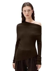 SUUKSESS Women Cashmere Off Shoulder Pullover Sweater Going Out Ribbed Knit Long Sleeve Shirts(Brown, L)